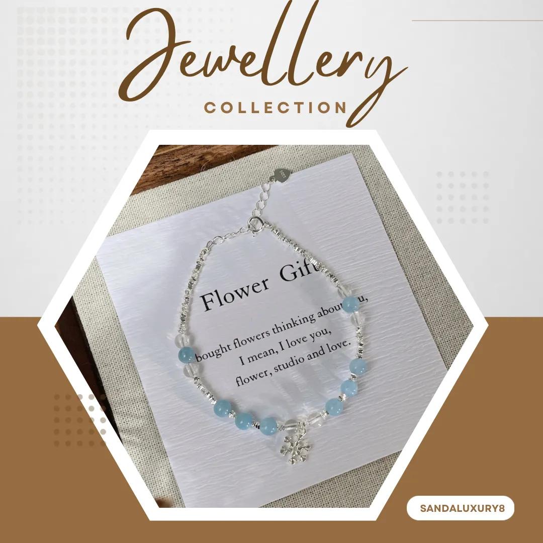 Flower Gift Silver Bracelet with Blue Crystal Beads and Snowflake Charm