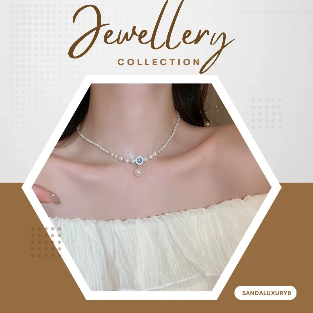 Elegant Pearl Necklace with Blue Stone Pendant for Women