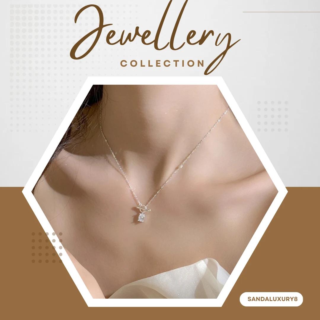 Simple Silver T Bar Necklace with Diamond Pendant