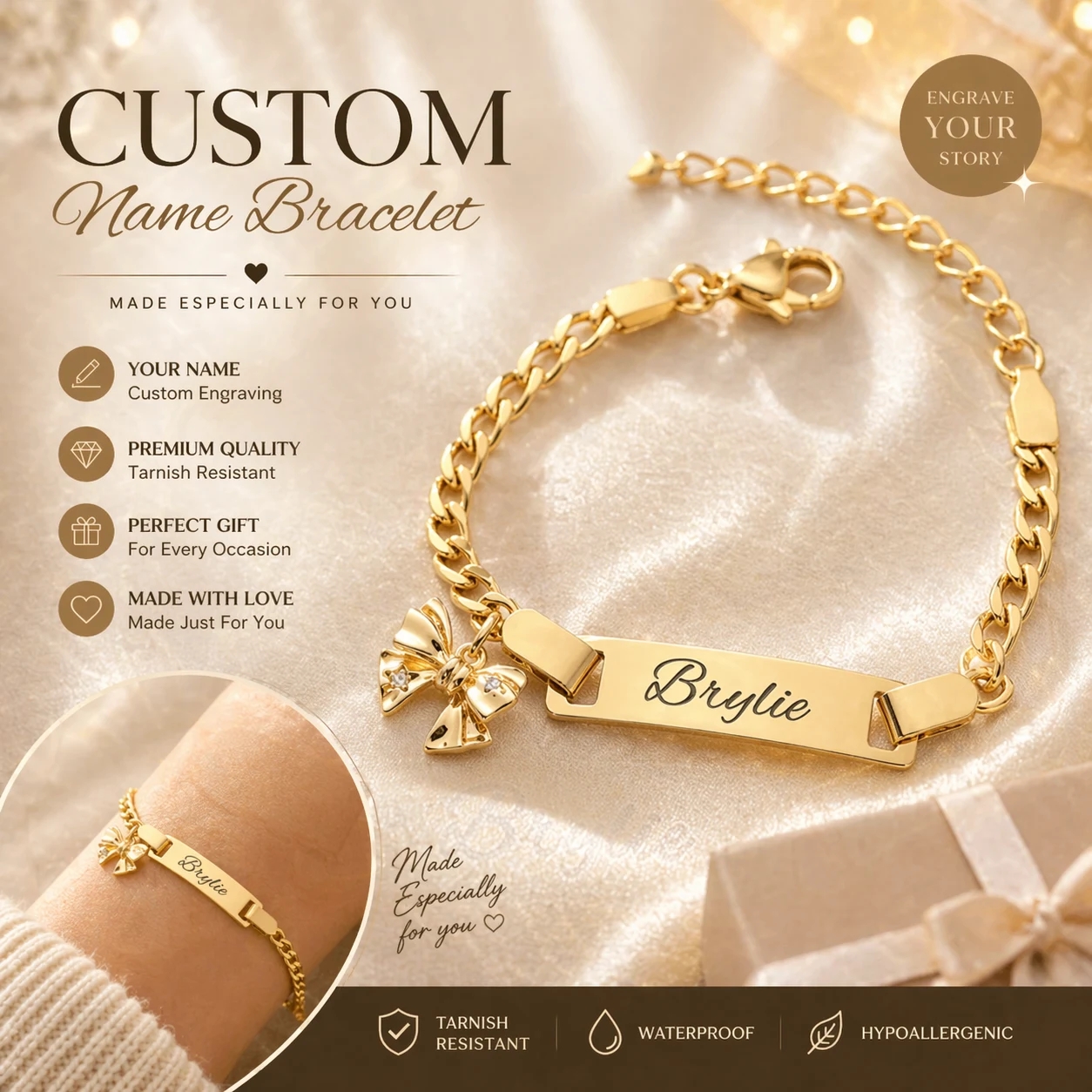 NAME Custom Bracelet with Bow Charm - image 1
