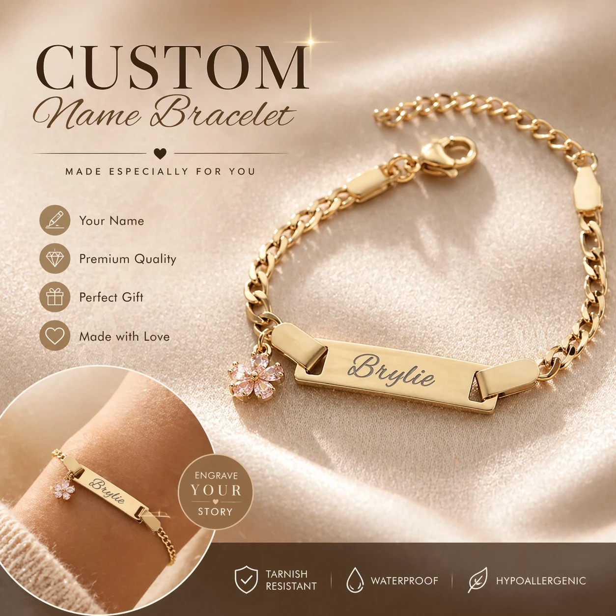 NAME Custom Bracelet with Flower Charm - image 1