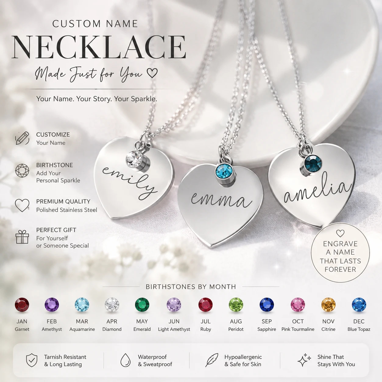 Custom Name Necklace with Birthstone Charm - image 1