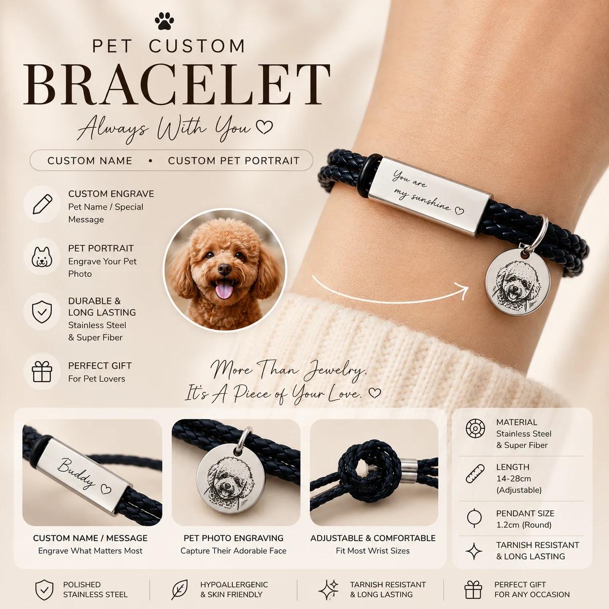 Pet Custom Bracelet with Engraved Pet Charm